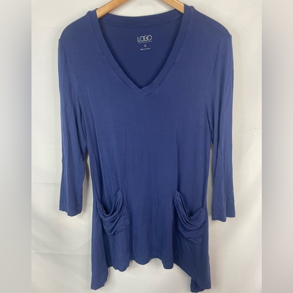 LOGO size small blue 3/4 length top. So cute with pockets! - Picture 1 of 4